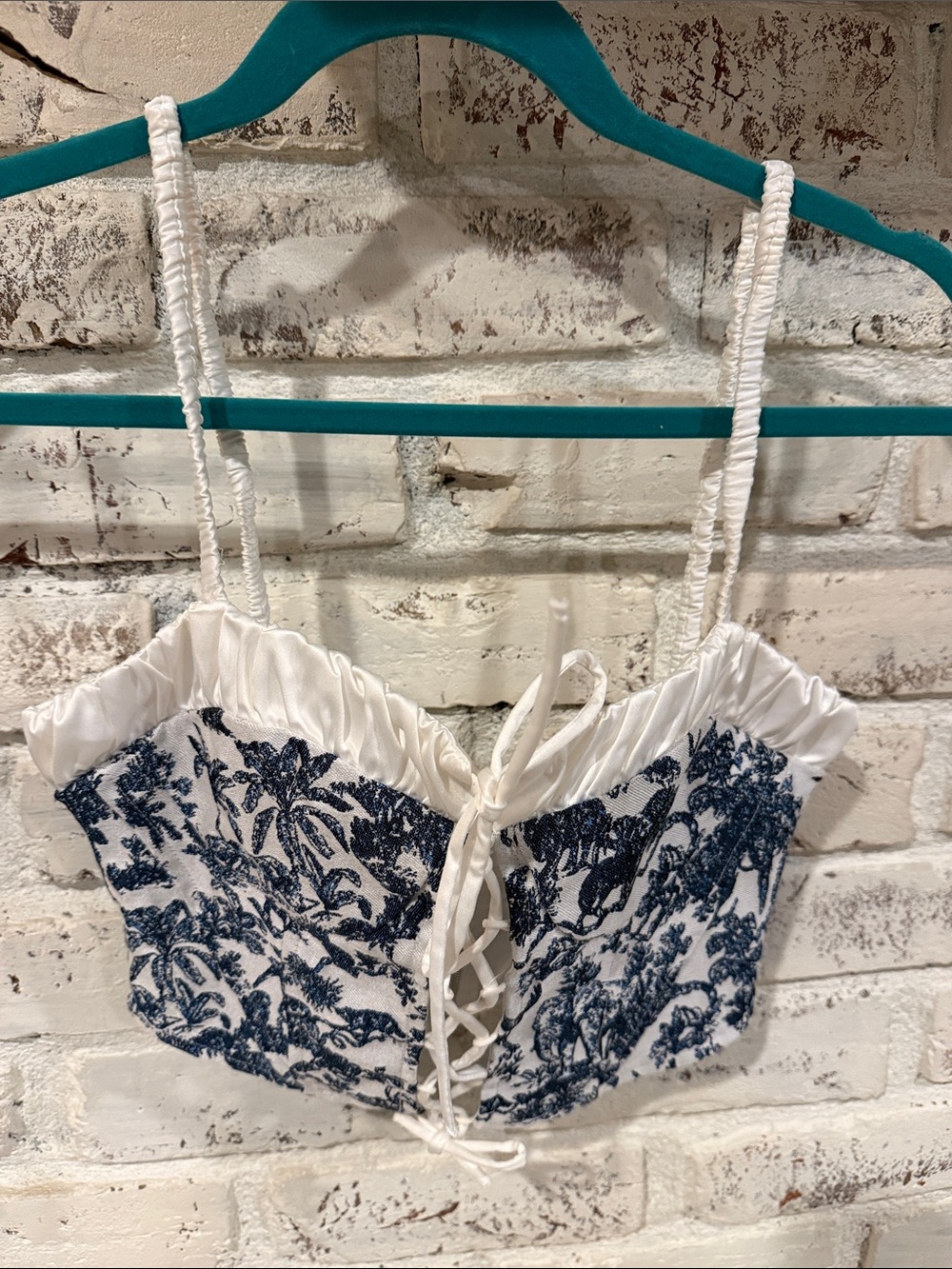 White and Navy Toile Lace-Up Cropped Camisole